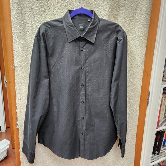 Hugo Boss Mens Etched Striped Button Down Shirt Black/ Dark Gray Size XL - Picture 1 of 6